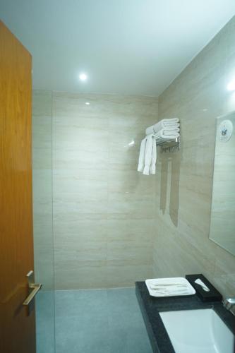 a bathroom with a shower and a sink and a toilet at Neel Clarks Inn Express in Agra