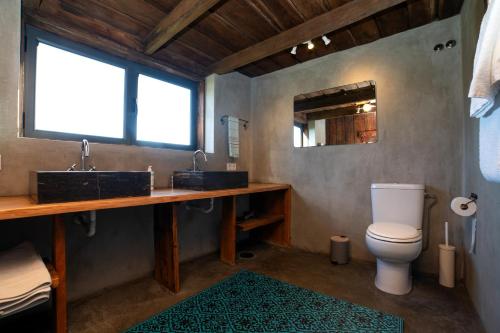 a bathroom with a toilet and a sink and a mirror at Casa de Cabanelas in Bustelo