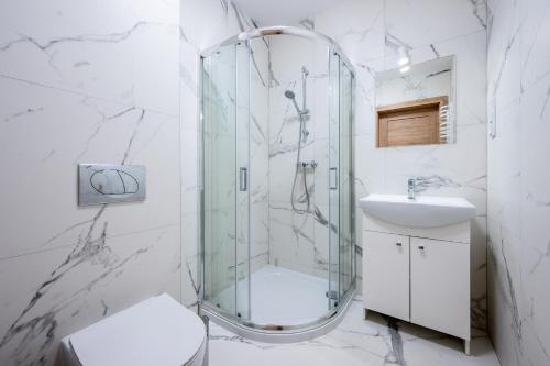a bathroom with a shower and a toilet and a sink at Błękitna Fala Resort in Dąbki