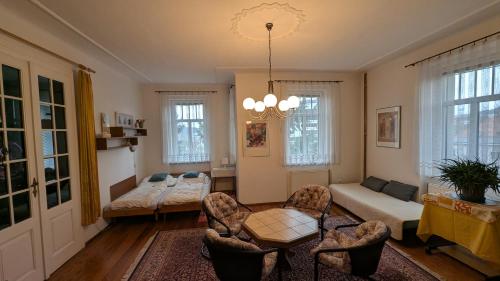 a living room with a couch and a table at Pension Central in Ústí nad Labem