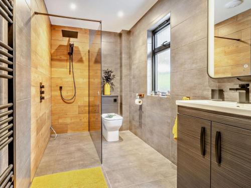 a bathroom with a shower and a toilet and a sink at 2 Bed in Knighton oc-94202 in Knighton