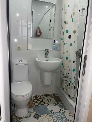 a bathroom with a toilet and a sink and a shower at Nana's Guest House in Sighnaghi