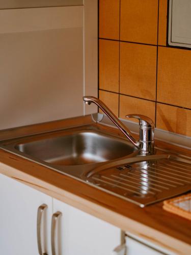 a stainless steel sink in a kitchen at Apartment and Room Natasa in Kobarid