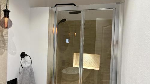 a shower with a glass door in a bathroom at Casa cu Palmieri in Călimăneşti
