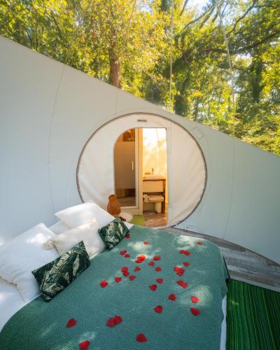 a bedroom with a bed with red roses on it at Somn'en Bulle in Najac