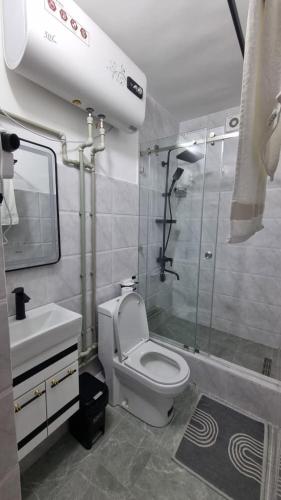 a bathroom with a toilet and a shower and a sink at Orom Hotel in Dushanbe