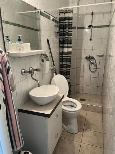 a bathroom with a toilet and a sink and a shower at Garabuczi Apartman in Keszthely