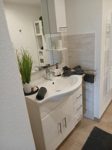a bathroom with a white sink and a mirror at Ferienwohnung May in Seiwerath