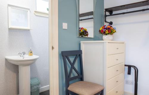 a small bathroom with a sink and a mirror at Skeabost View Chalet in Portree