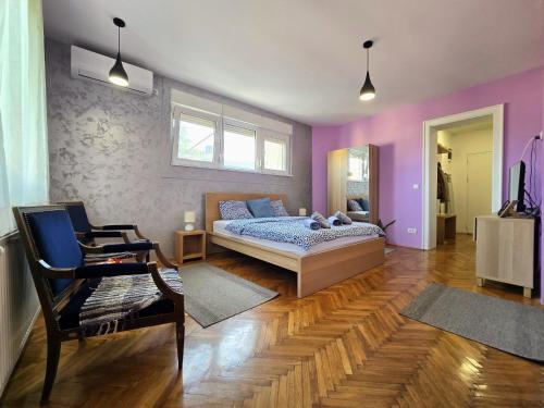 a bedroom with a bed and a chair in it at Apartman Gloria Sajam - Senjačka pijaca in Senjak (historical)