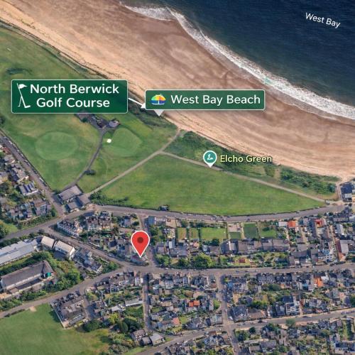 a map of west bay beach with a red marker at Detached House with Sea Views & Parking in North Berwick