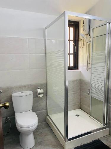 a bathroom with a toilet and a glass shower at Kudaarala Heritage in Kengalla