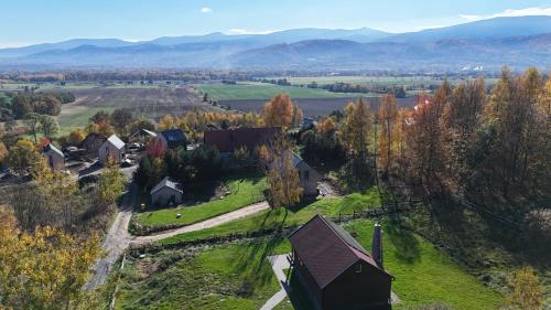 an aerial view of a village in the mountains at Domek na Wzgórzu in Wojcieszyce