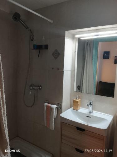 a bathroom with a sink and a shower and a mirror at Ca la Carme in Villalba dels Arcs