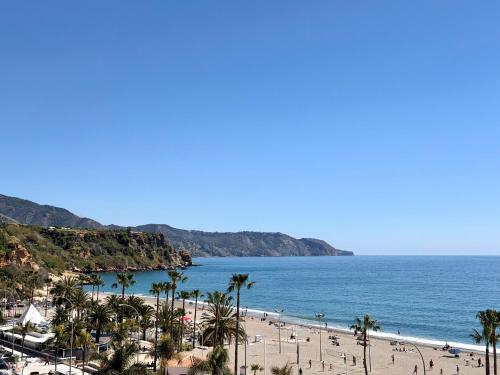 a view of a beach with palm trees and the ocean at Apartamentos HC Burriana Playa in Nerja