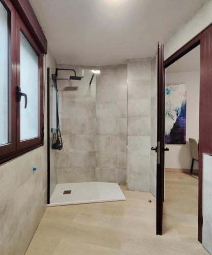 a bathroom with a shower with a glass door at Premium Luxury Muralla de Lugo 2.3-A in Lugo