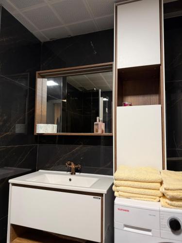 a bathroom with a sink and a mirror at Executive Sky Residence in Skopje
