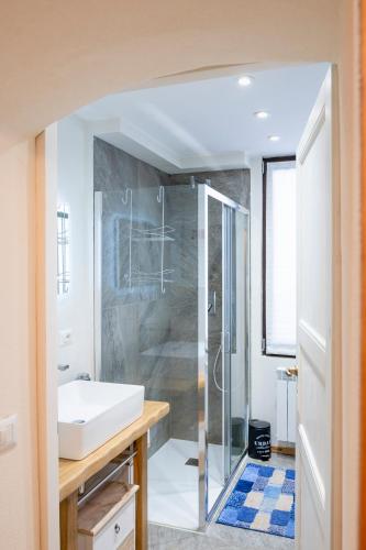 a bathroom with a shower and a sink and a mirror at oasi del relax in Scopello