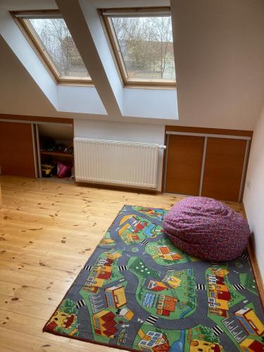 a room with a rug on a wooden floor with windows at Ubytování pod Nadymákem in Telč