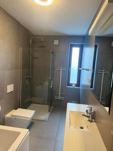 a bathroom with a sink and a shower and a toilet at TOBI-pokoje gościnne in Łeba