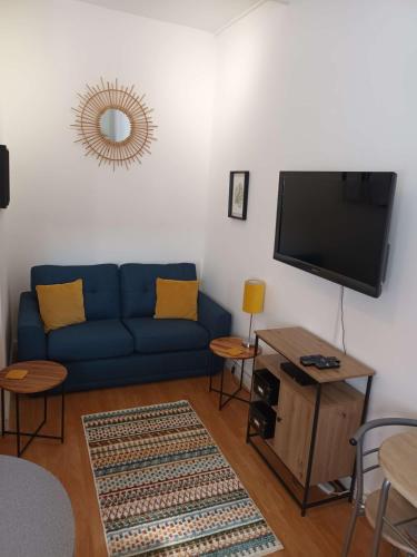 a living room with a blue couch and a flat screen tv at Charming 1-bed Southside Flat in Great Location in Kings Park