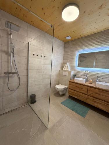 a bathroom with a shower and a sink and a toilet at NEW - Mullerthal Basecamp - Sleeps 6 in Beaufort