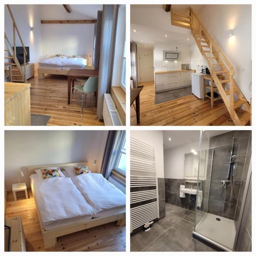 three pictures of a room with a bed and a bathroom at Haus Sonnen mit 3 Apartments in Nettetal