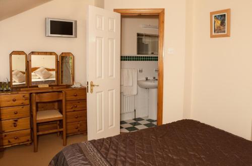 a bedroom with a bed and a sink and a mirror at Benbaun House in Clifden
