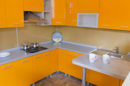 uma cozinha com armários laranja e um lavatório em Valdemara Residence Hostel em Riga