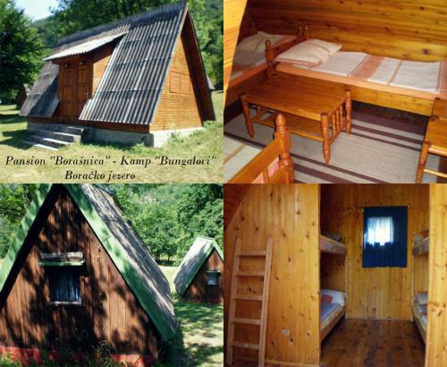 a collage of four pictures of a cabin at Bungalov camp Borasnica in Jezero