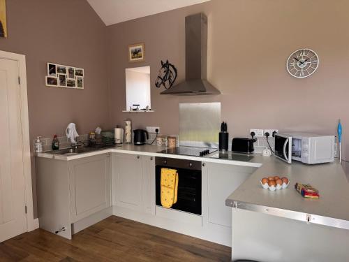 a kitchen with white cabinets and a stove top oven at Y Beudy Bach in Kidwelly
