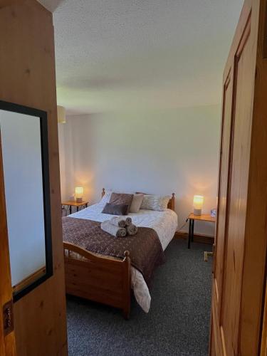a bedroom with a bed and two lamps and a mirror at Beautiful Beach Side Bungalow in Galway