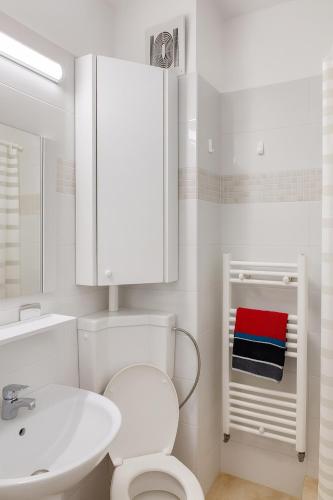 a bathroom with a white toilet and a sink at Nicolle Cozy Apartment in Piteşti