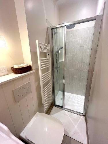a bathroom with a shower and a toilet at Le Clos des Berges de l'Ain in Charnoz