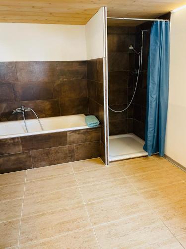 a bathroom with a tub and a shower at Niesenblick in Aeschlen