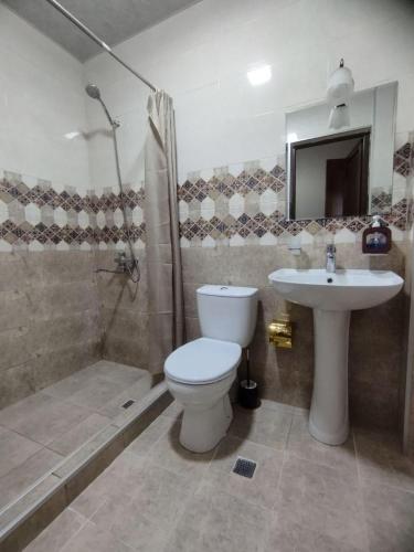a bathroom with a toilet and a sink and a shower at Sunny Hotel in Kobuleti
