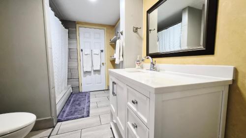 a bathroom with a sink and a toilet and a mirror at Auberge Wild Rose Inn in Moncton