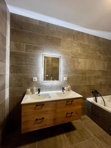a bathroom with a sink and a mirror and a tub at Apartmány Tobias in Běšiny