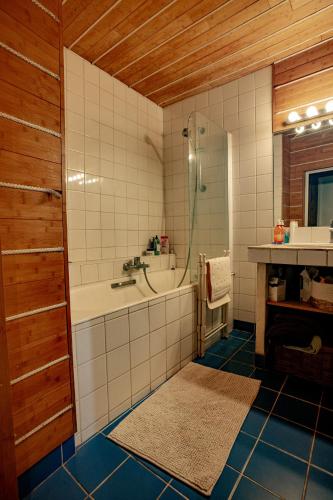 a bathroom with a shower and a tub and a sink at Cité Plantagenêt, Jardin & piscine 24H du Mans in Le Mans