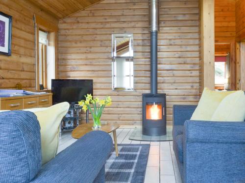 a living room with a fireplace in a log cabin at Seascape in Staffin