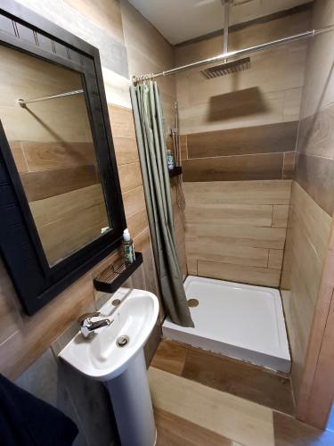 a small bathroom with a sink and a shower at The Nest - Secluded Cabin with Panoramic Views in Gurteenulla