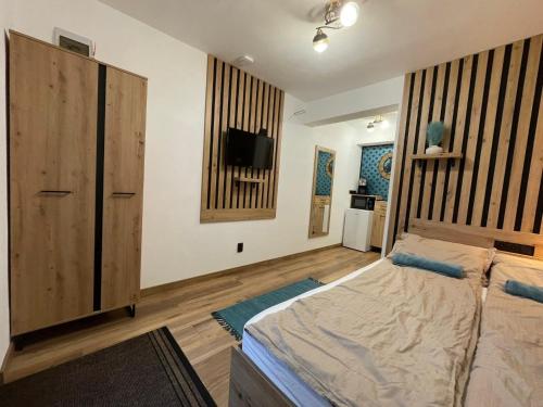 a bedroom with a bed and a tv on a wall at Somni Apartamente in Chinteni