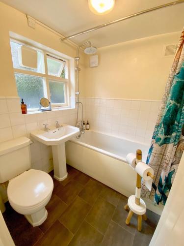 a bathroom with a toilet and a sink and a tub at Butterfly Cottage in Knowle