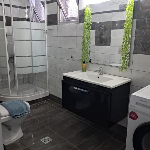 a bathroom with a sink and a shower and a toilet at Compass in Kavála