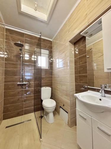 a bathroom with a toilet and a shower and a sink at Vega's in Tivat