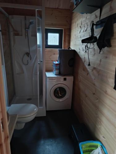 a bathroom with a shower toilet and a washing machine at Holzhaus Riegersburg in Riegersburg