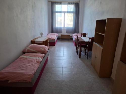 a room with several beds and a table and chairs at Dům pro hosty in Přelouč