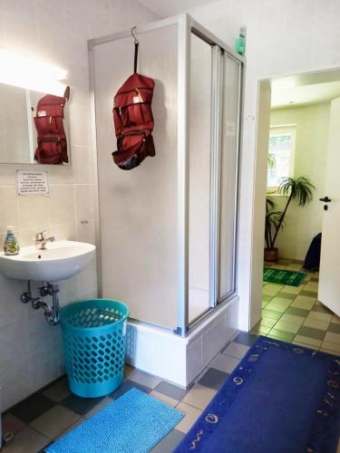 a bathroom with a sink and a shower with a toilet at Seegut Blaue Blume in Buchenhain