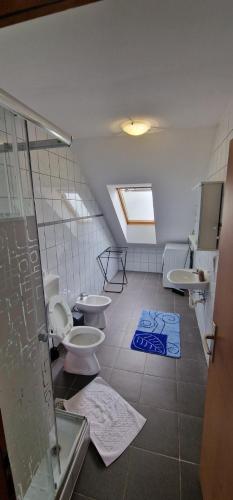 a bathroom with two toilets and a shower at Apartman MURKO S-3 in Ig