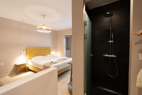 a bathroom with a bed and a shower in a room at Dimani Suites & Residences in Gythio